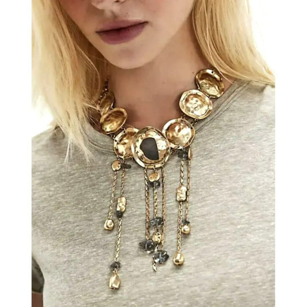 Free People Speak Up Statement Necklace Gold Gray New